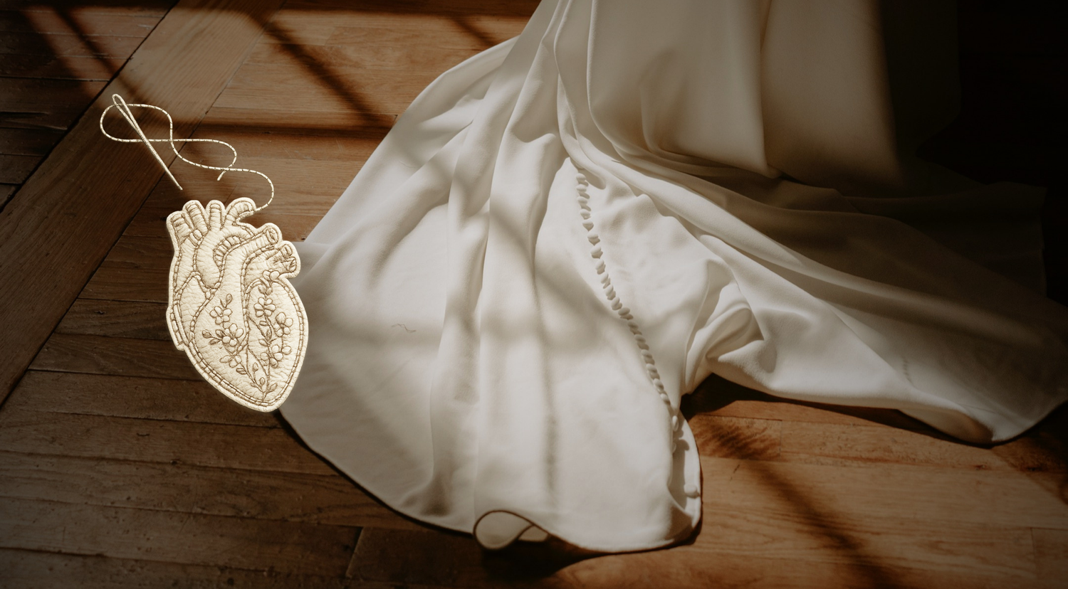 White wedding dress with pearl necklace and anatomical heart ornament on wooden floor in soft sunlight.
