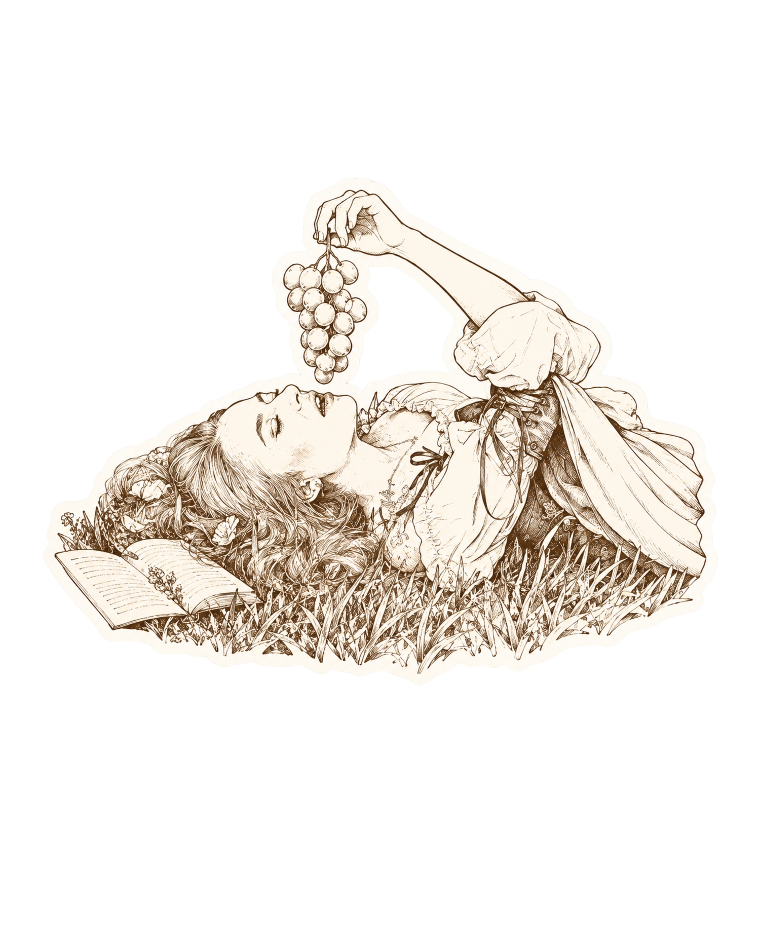 Sepia sketch of a woman lying in grass, holding grapes above her mouth, with an open book beside her.