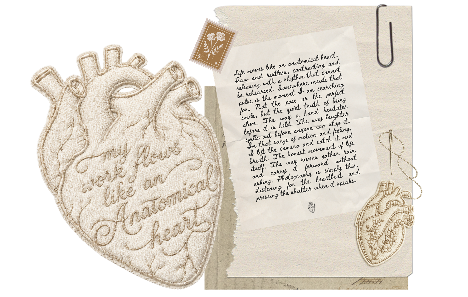 Vintage anatomical heart illustration with handwritten text on aged paper, surrounded by letters and stamps.