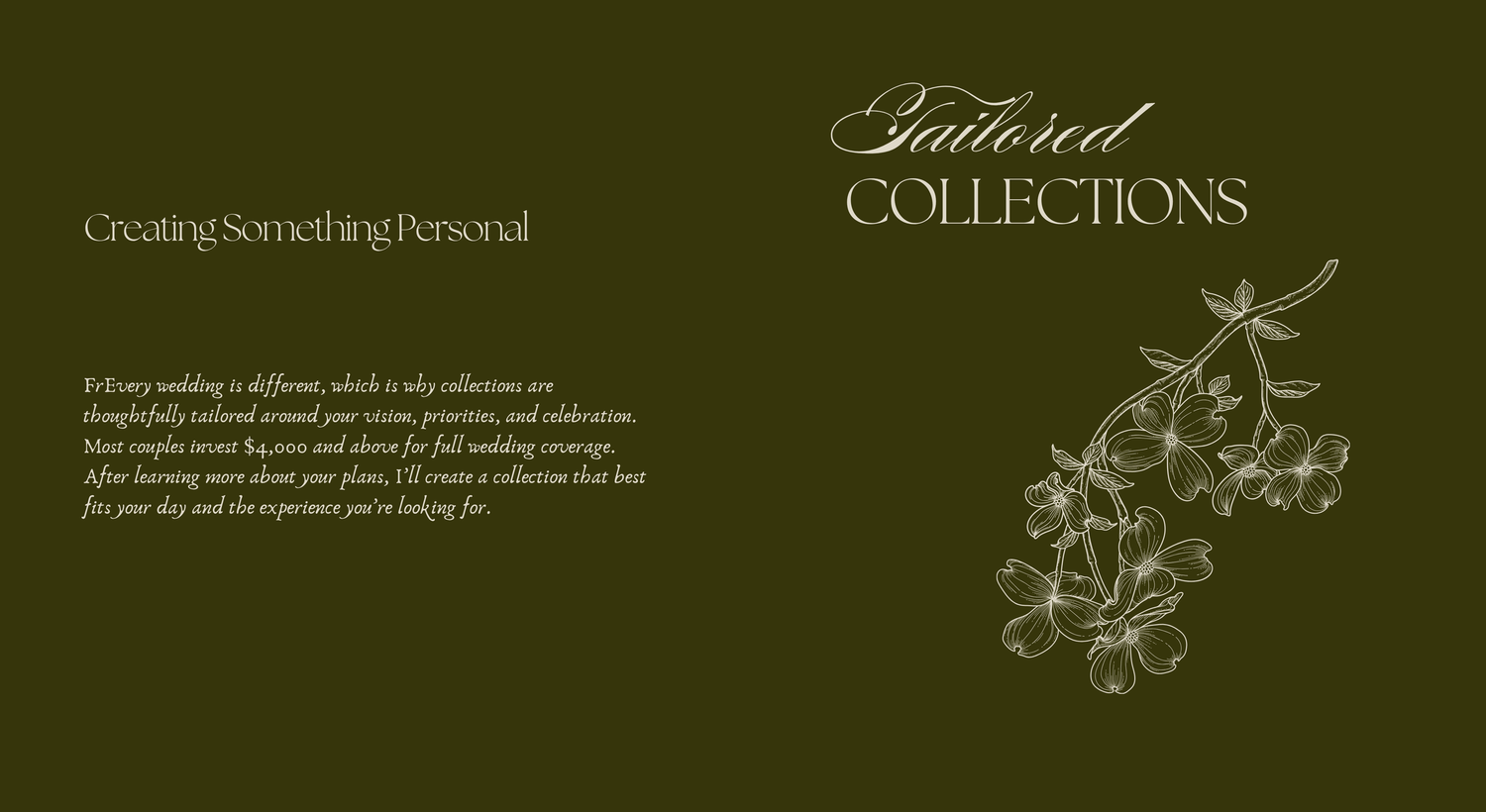 Elegant dark green wedding collections brochure with floral illustration and cursive text reading Tailored Collections.