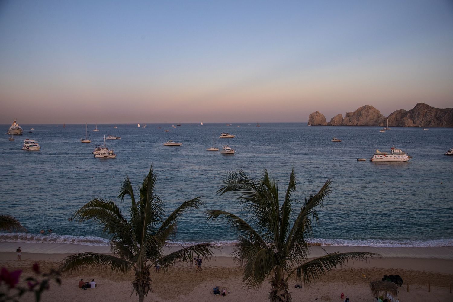 Tranquil beach sunset with palm trees silhouetted against boats anchored in a calm harbor.