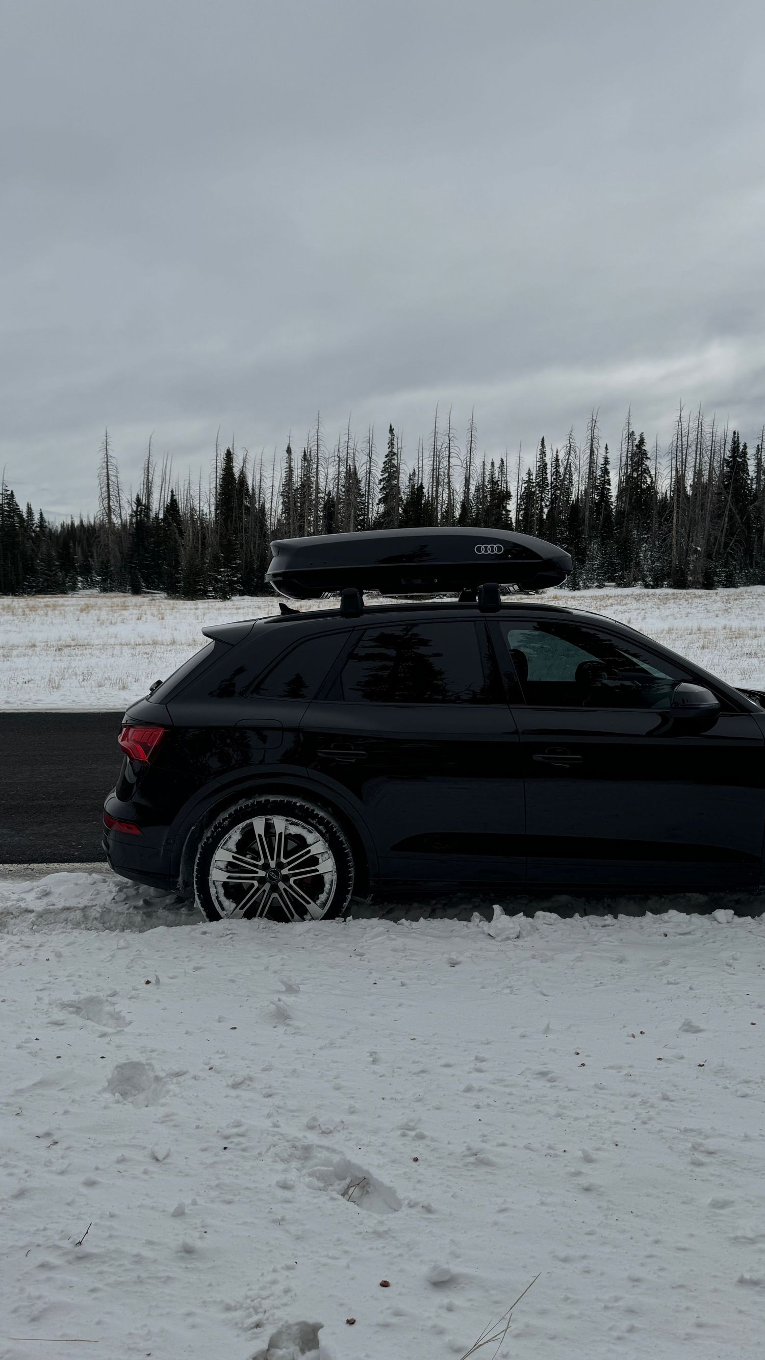 Black Audi SUV with roof cargo box parked in snowy winter landscape. Utah.