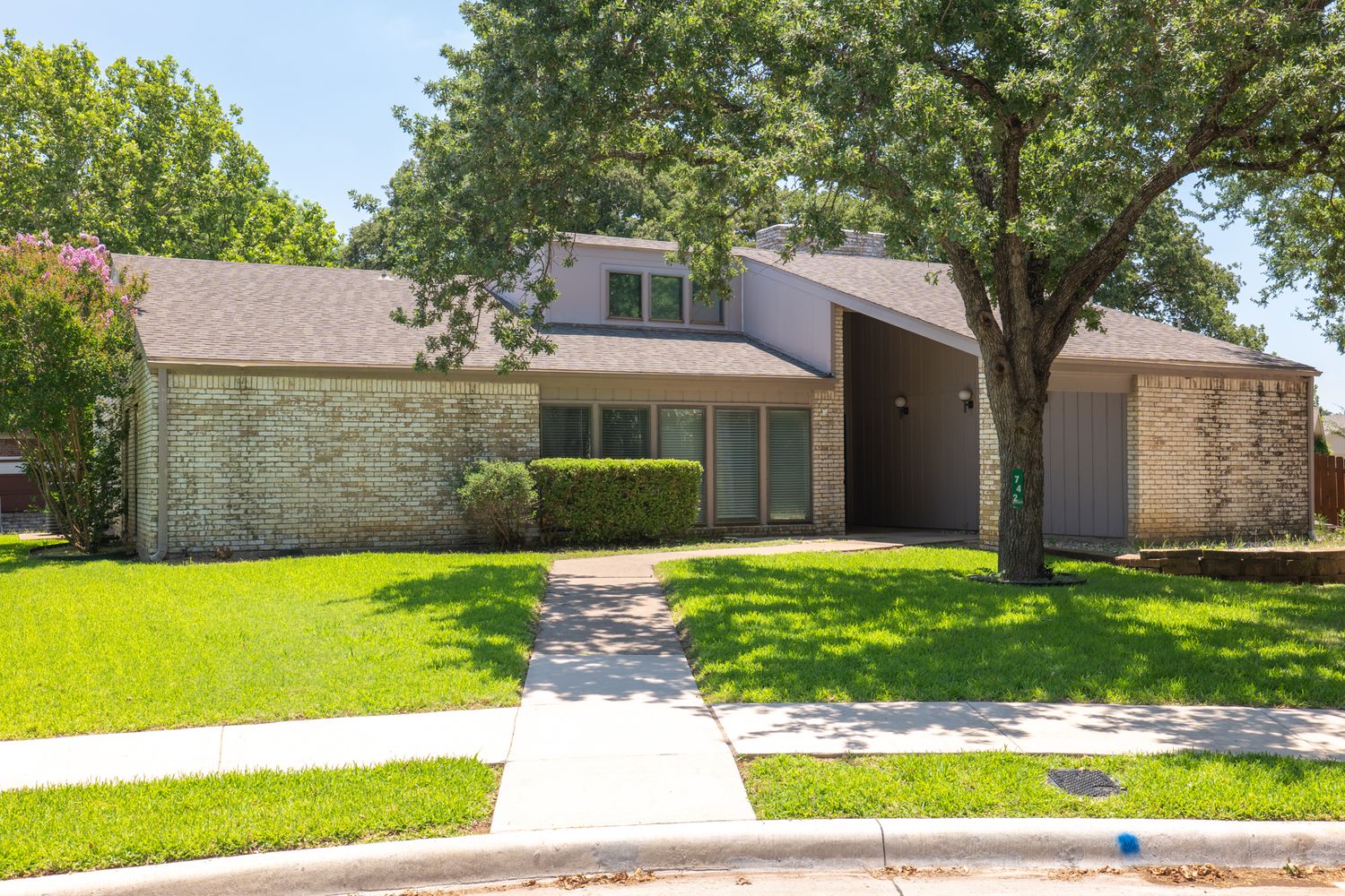 Residential street view of ranch-style homes with mature trees and well-maintained front yards.