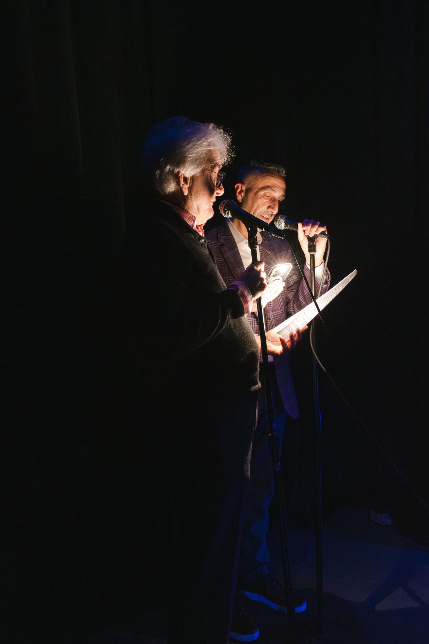 Stage performance in dark theater with dramatic spotlight illumination.
