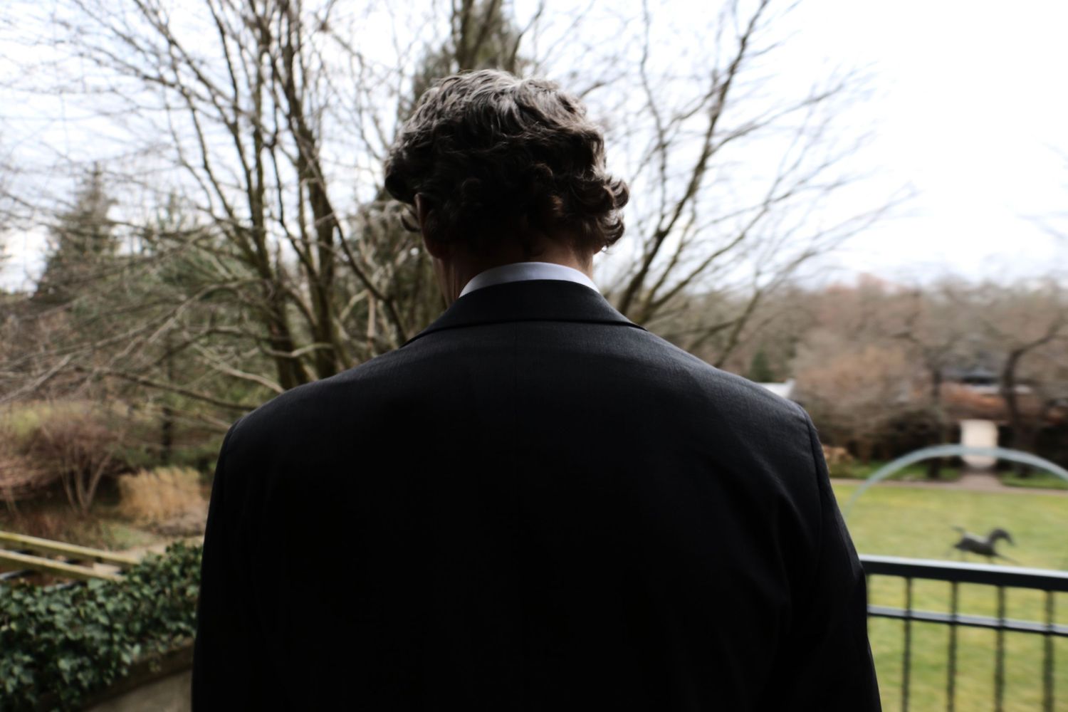 Silhouette of person in formal wear looking out over winter landscape.