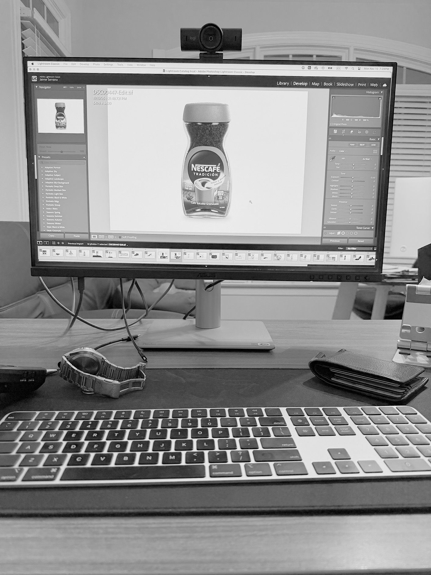 Computer screen showing product photo editing and retouching in a professional workflow.