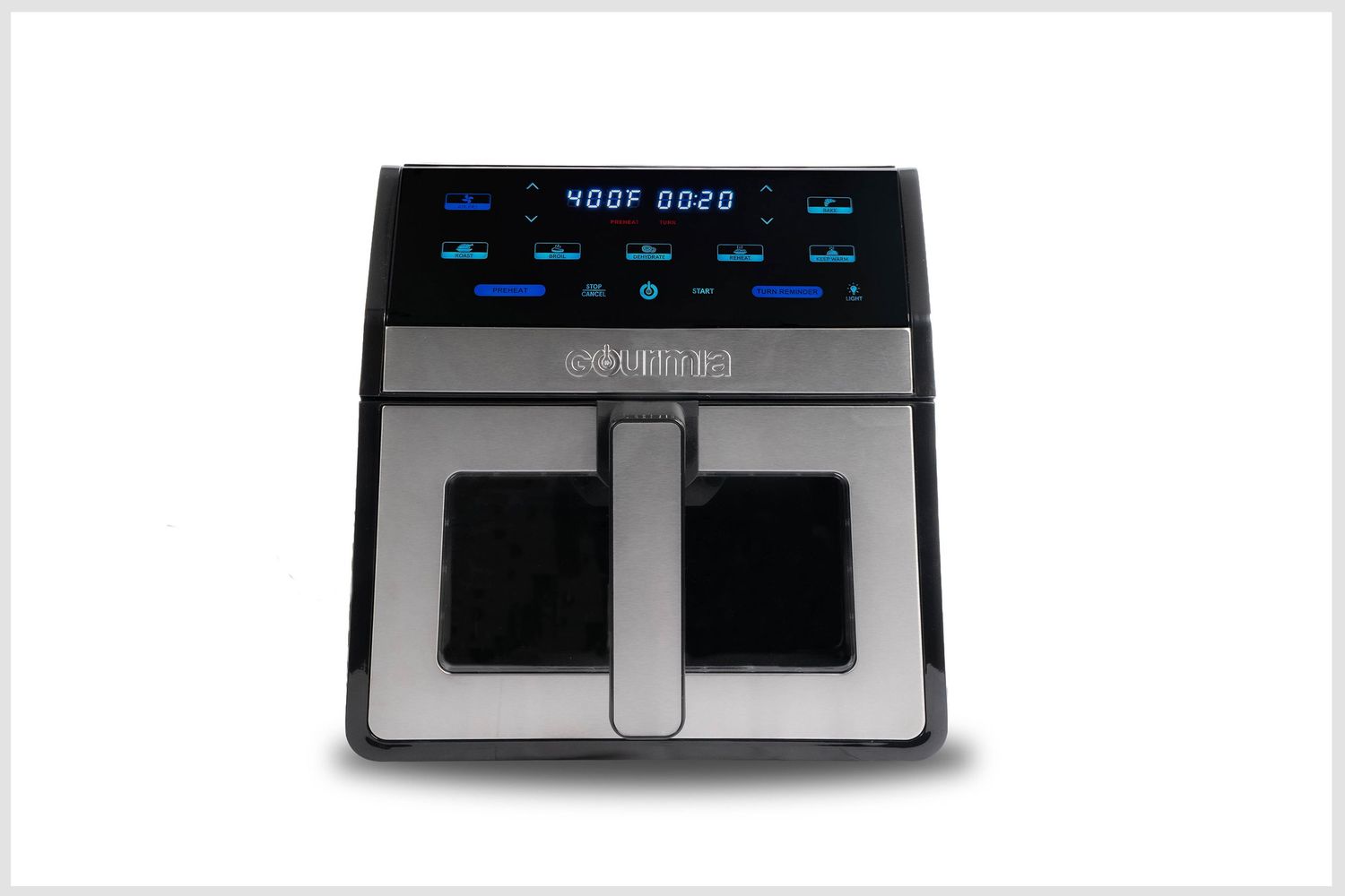 Professional product photo of a modern air fryer on a clean studio background.
