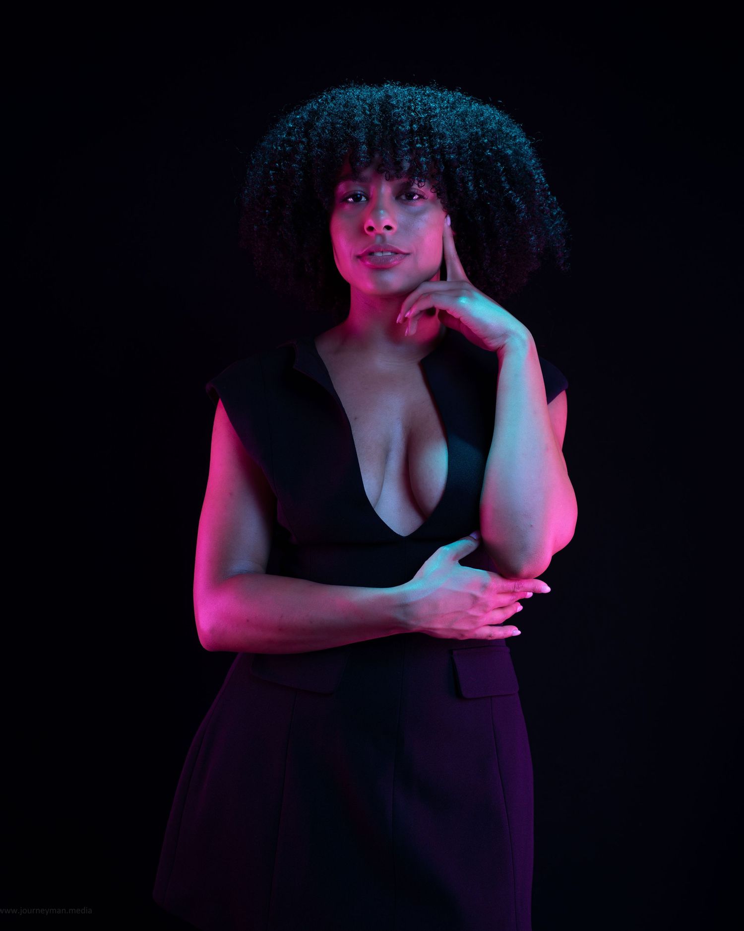Artistic portrait series with pink lighting against dark background showcasing dramatic poses.