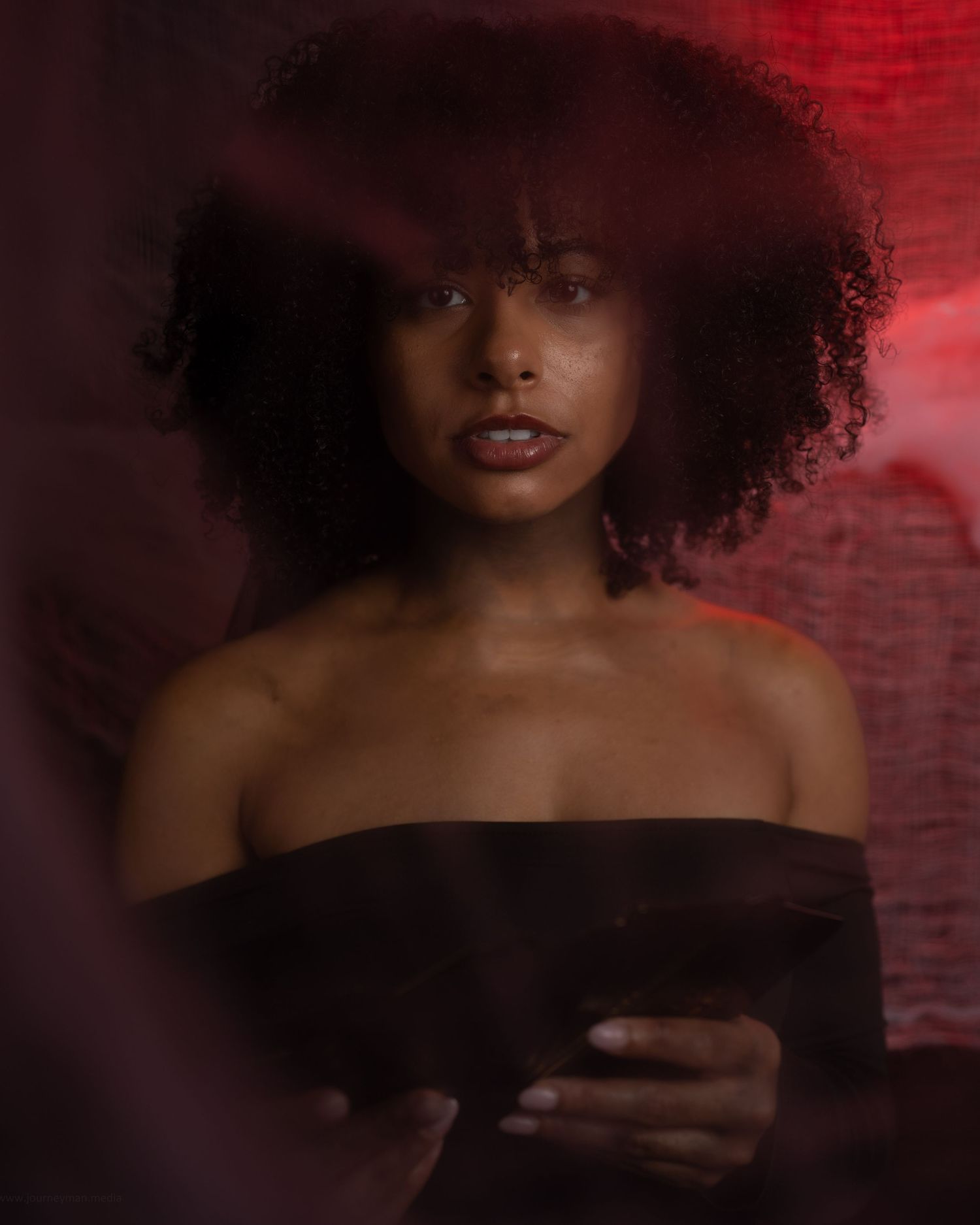 A portrait series with dramatic red lighting showcases natural curly hair against a dark background.