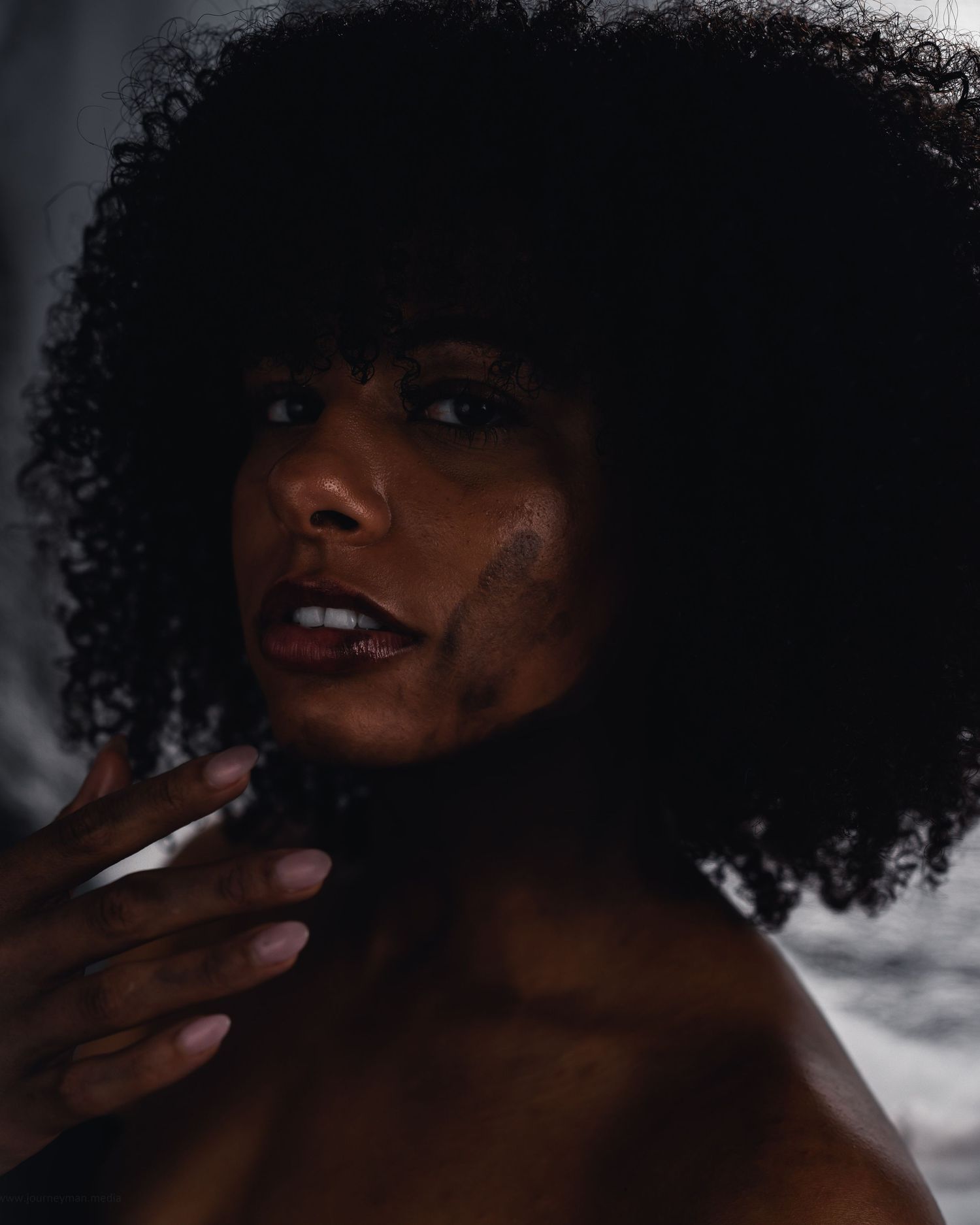 Artistic portrait series showing a silhouetted figure with natural curly hair against a dark background.