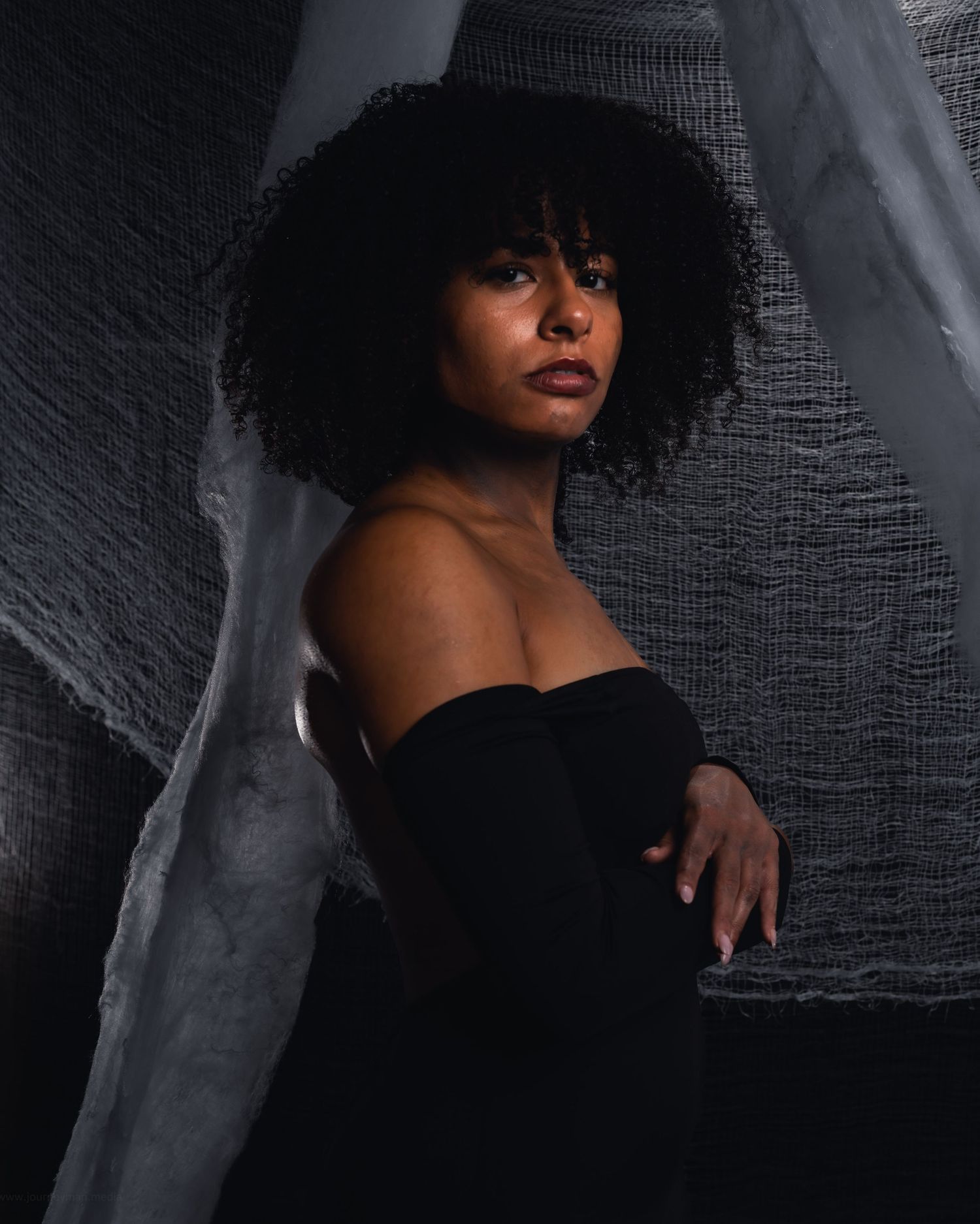 Artistic black and white portrait series showing dramatic lighting and natural curly hair against dark background.