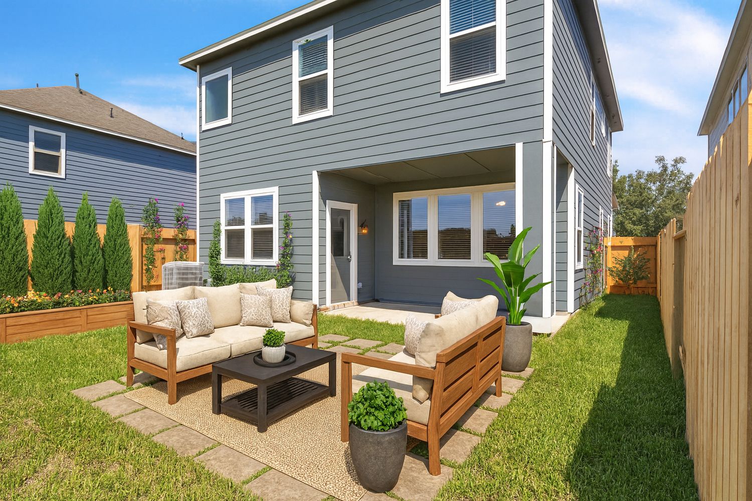 A collage of wooden outdoor deck spaces with patio furniture and grass lawns surrounding modern gray houses.