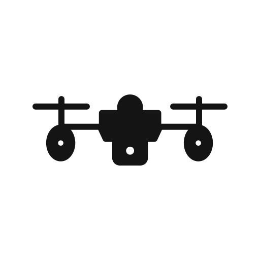 Minimalist black silhouette of quadcopter drone with dual propellers.