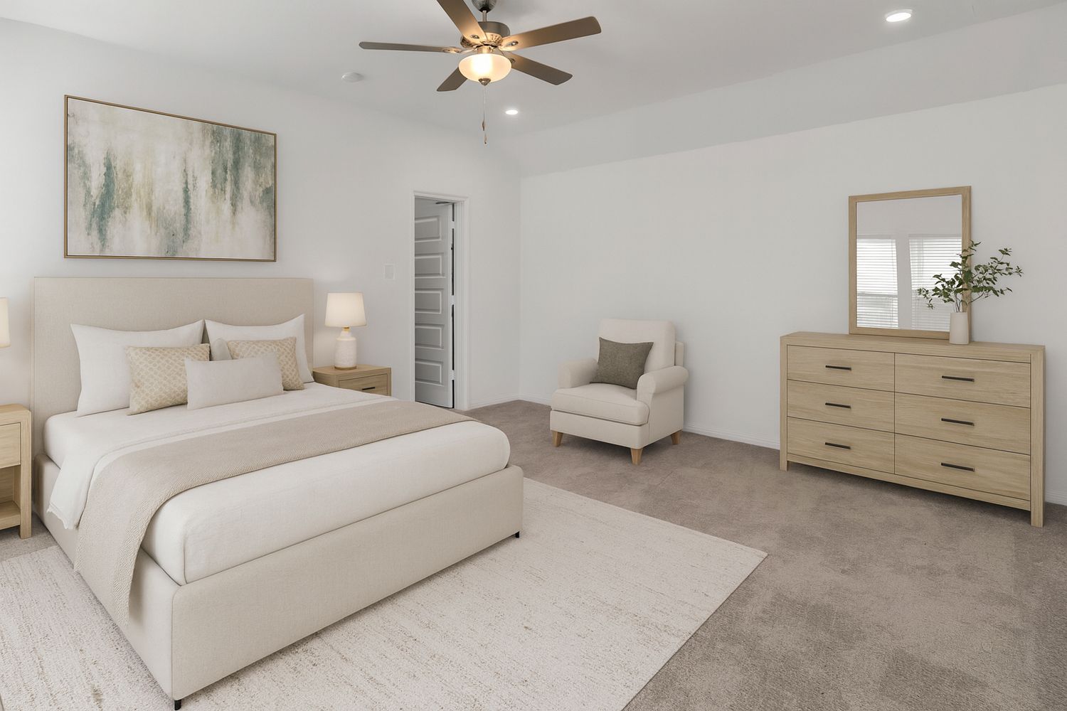 Modern light-filled bedroom with ceiling fan, beige furniture, and plush carpeting in neutral tones.