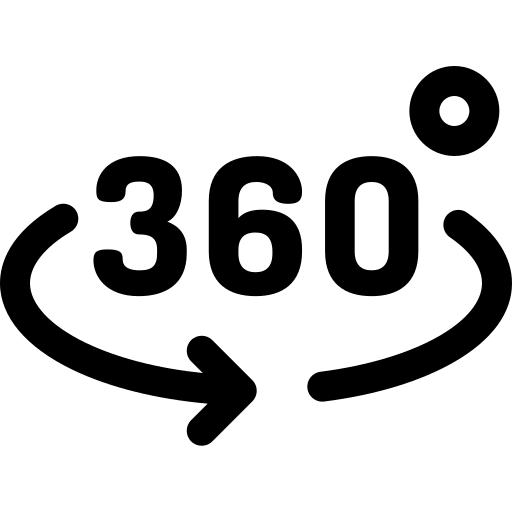 360 degree rotation icon with curved arrow and number in black.