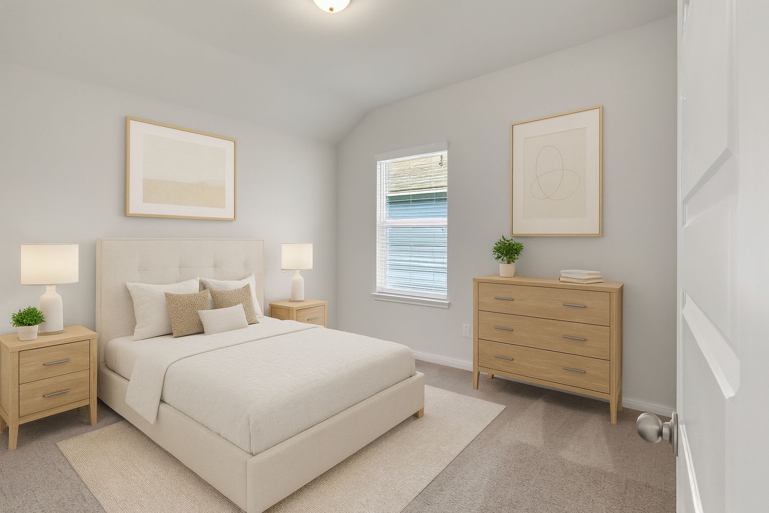 Modern white bedroom with wood furniture and natural light features white bedding and minimal decor in a clean design.