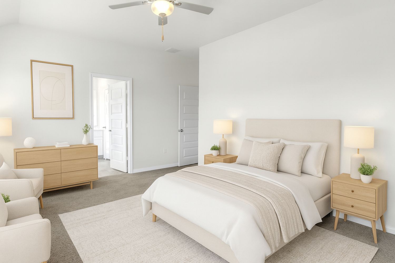 Modern bright bedroom with white walls, ceiling fan, and wooden drawer chest next to a stylish double bed.