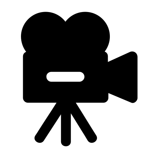 Classic movie camera silhouette icon on tripod in black.