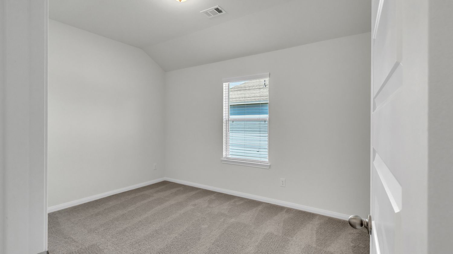 Modern apartment interior panorama with white walls, grey flooring, and recessed ceiling lighting shows empty space.