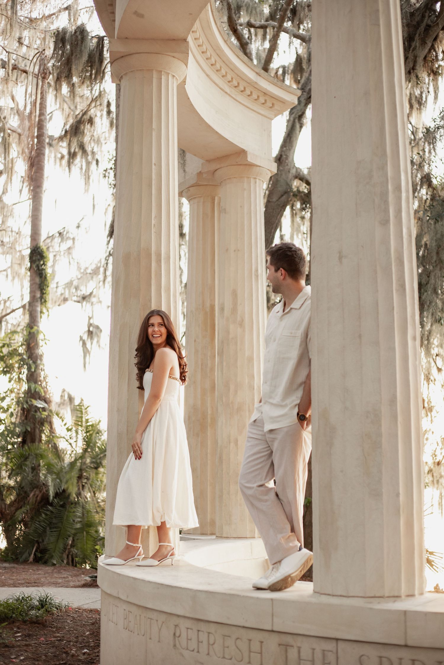 Elegant outdoor engagement photography at Kraft Azalea Garden near Lake Maitland.