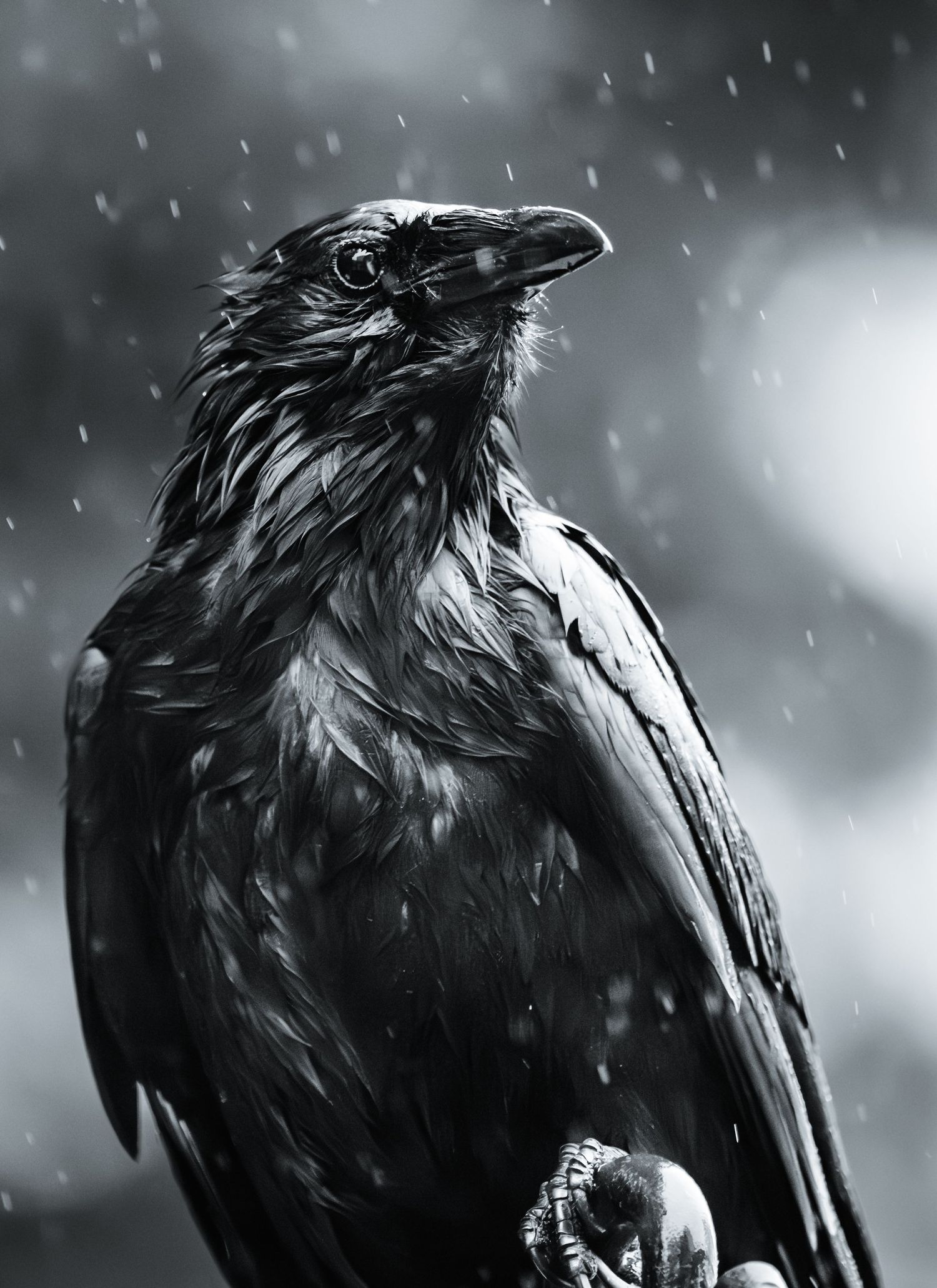 A dramatic black and white portrait of a wet crow in the rain with water droplets visible against a moody gray background.