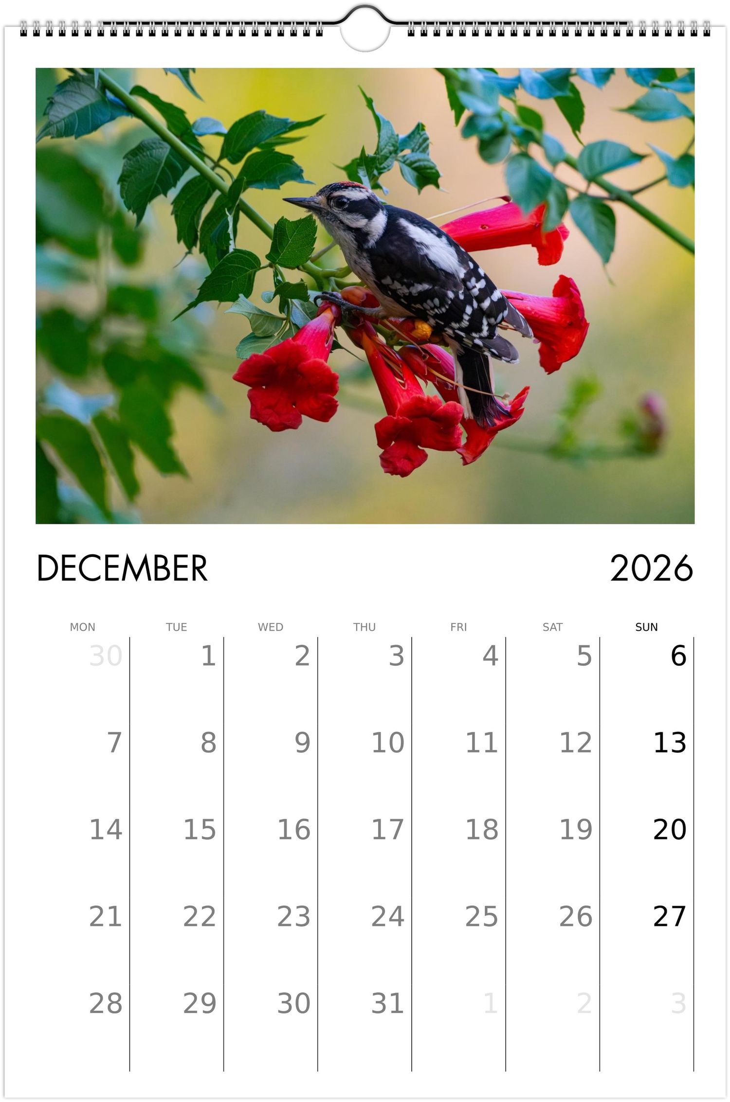 A December 2026 calendar page featuring a close-up photograph of red flowers with green leaves against a blurred background.