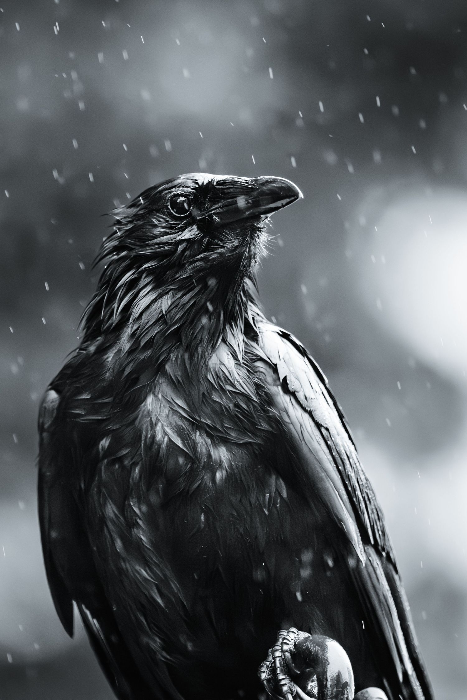 Striking black-and-white portrait of a crow in the rain, feathers glistening in soft light.