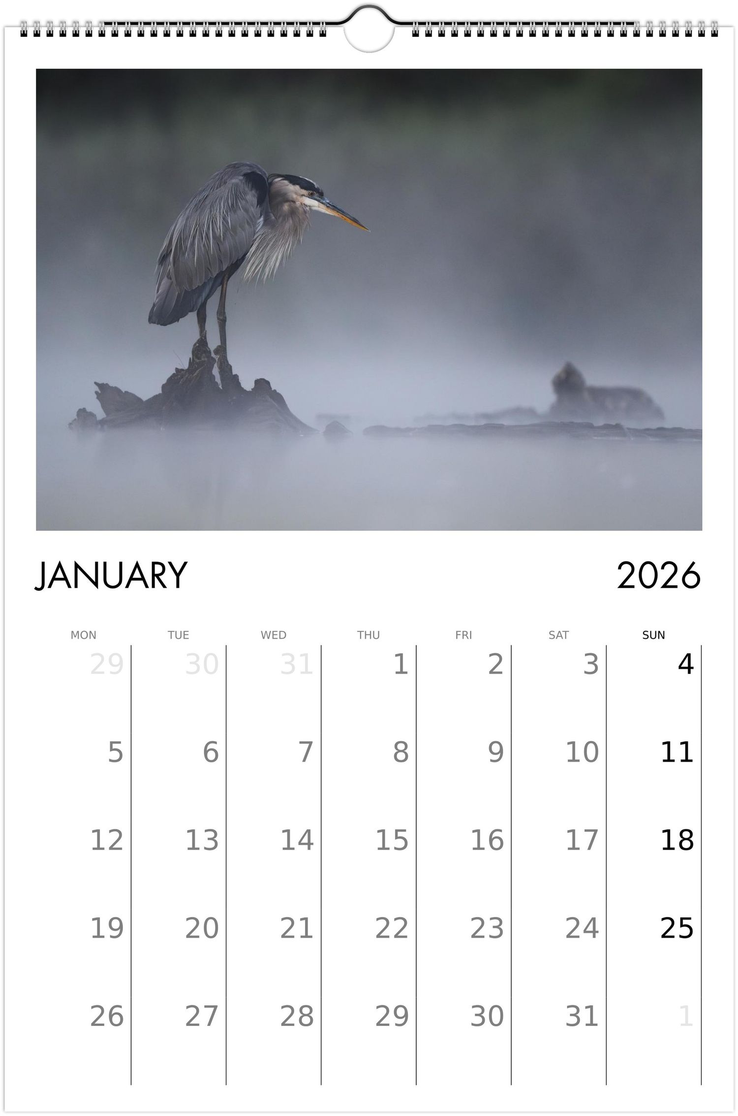 Calendar page for January 2026 with misty nature photographs of herons and birds in foggy landscapes along the top.