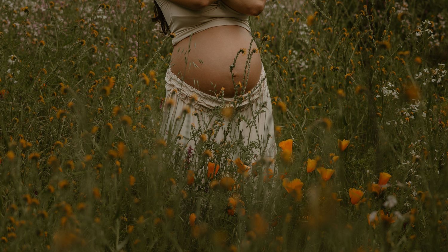 Silhouette of pregnant belly in a wildflower field with orange poppies at golden hour.
