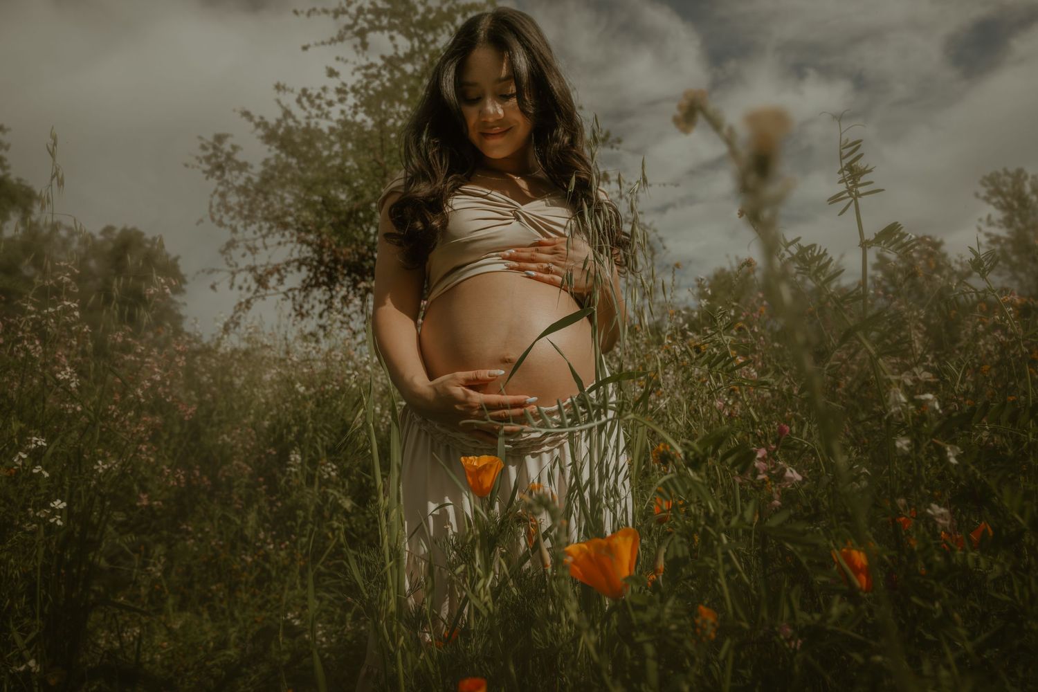 Artistic maternity photograph in a meadow with orange wildflowers during golden hour.