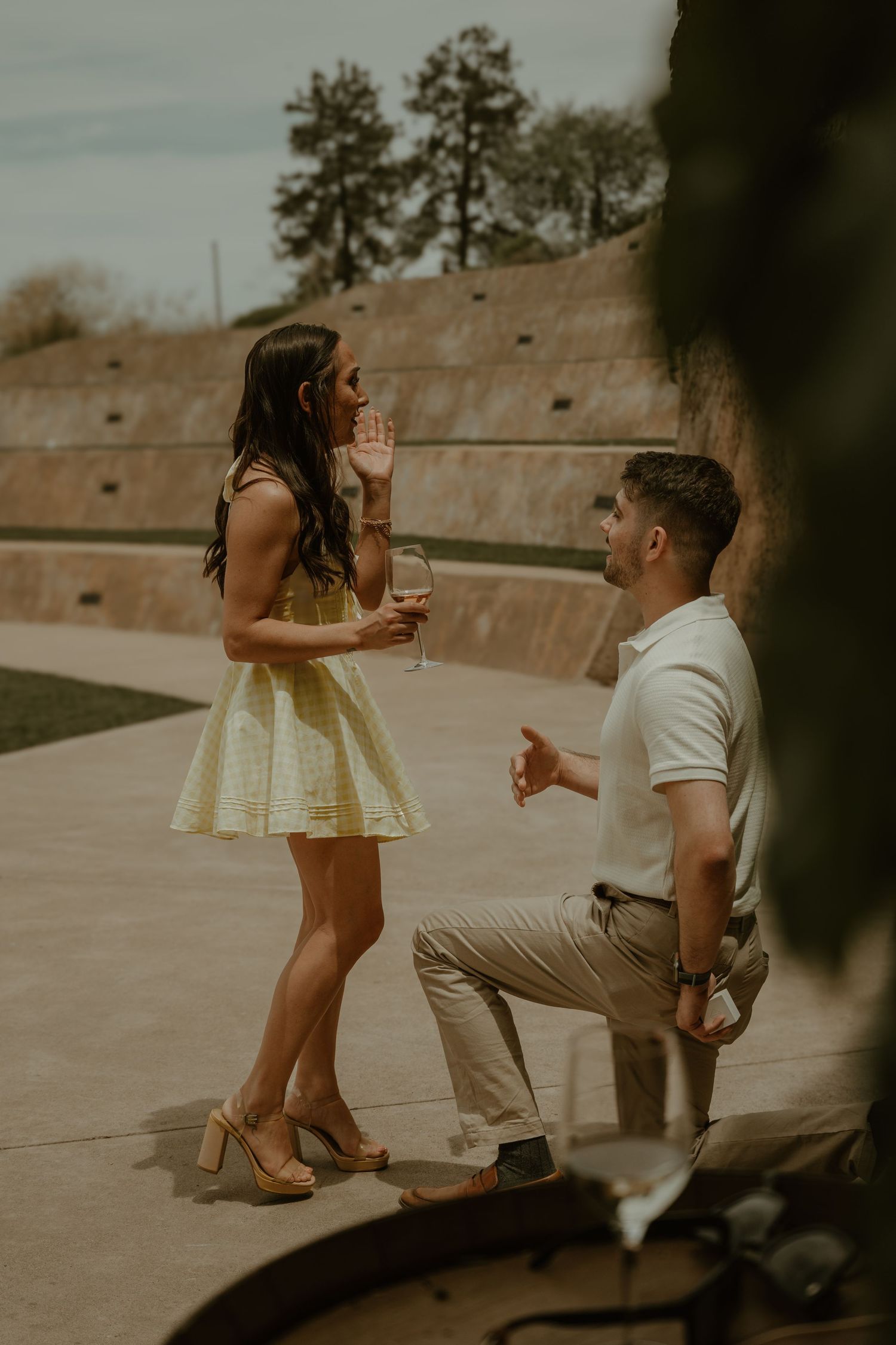 A surprise proposal sequence outdoors in warm sunlight.