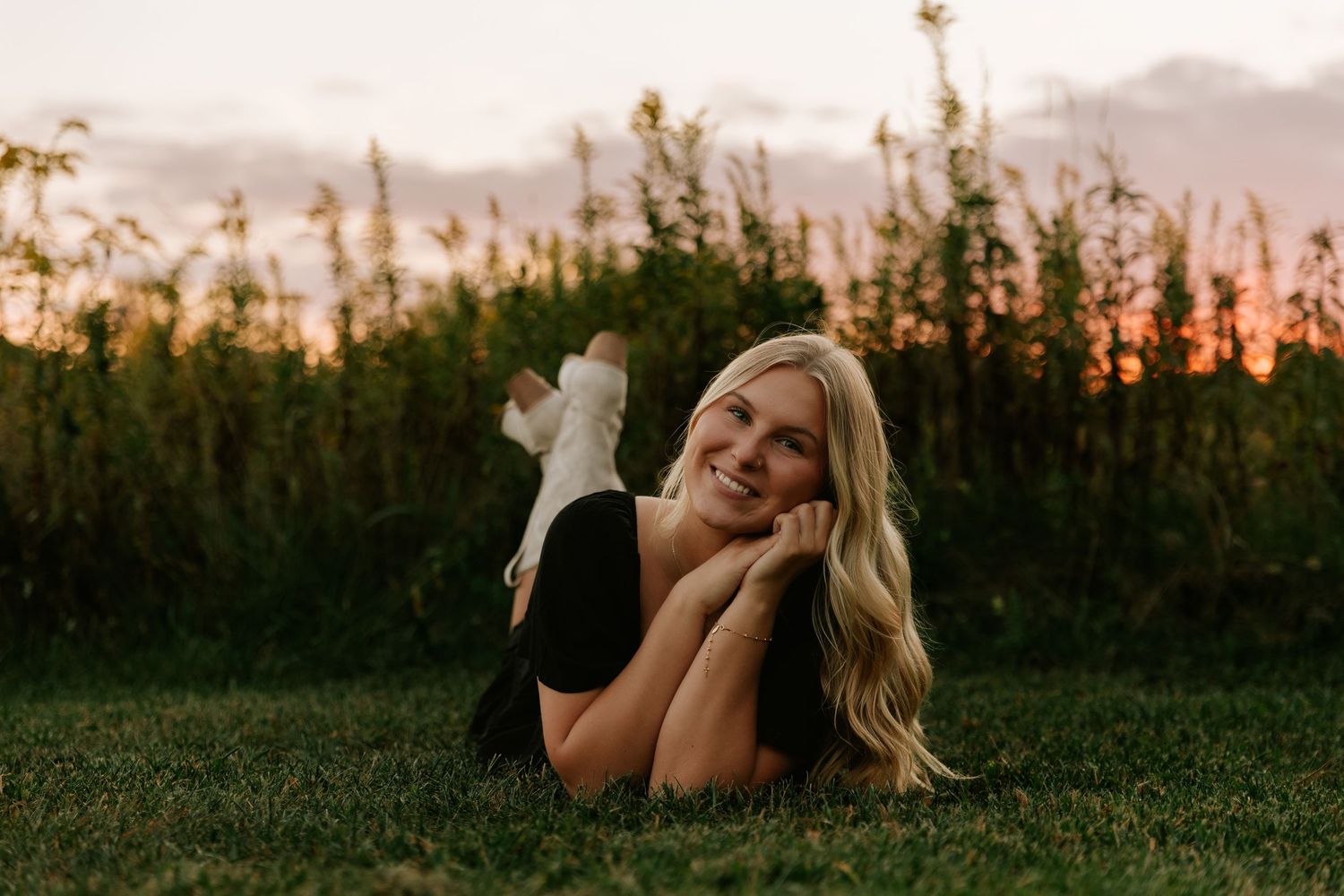 A series of sunset photos in a field with a dreamy, romantic atmosphere.