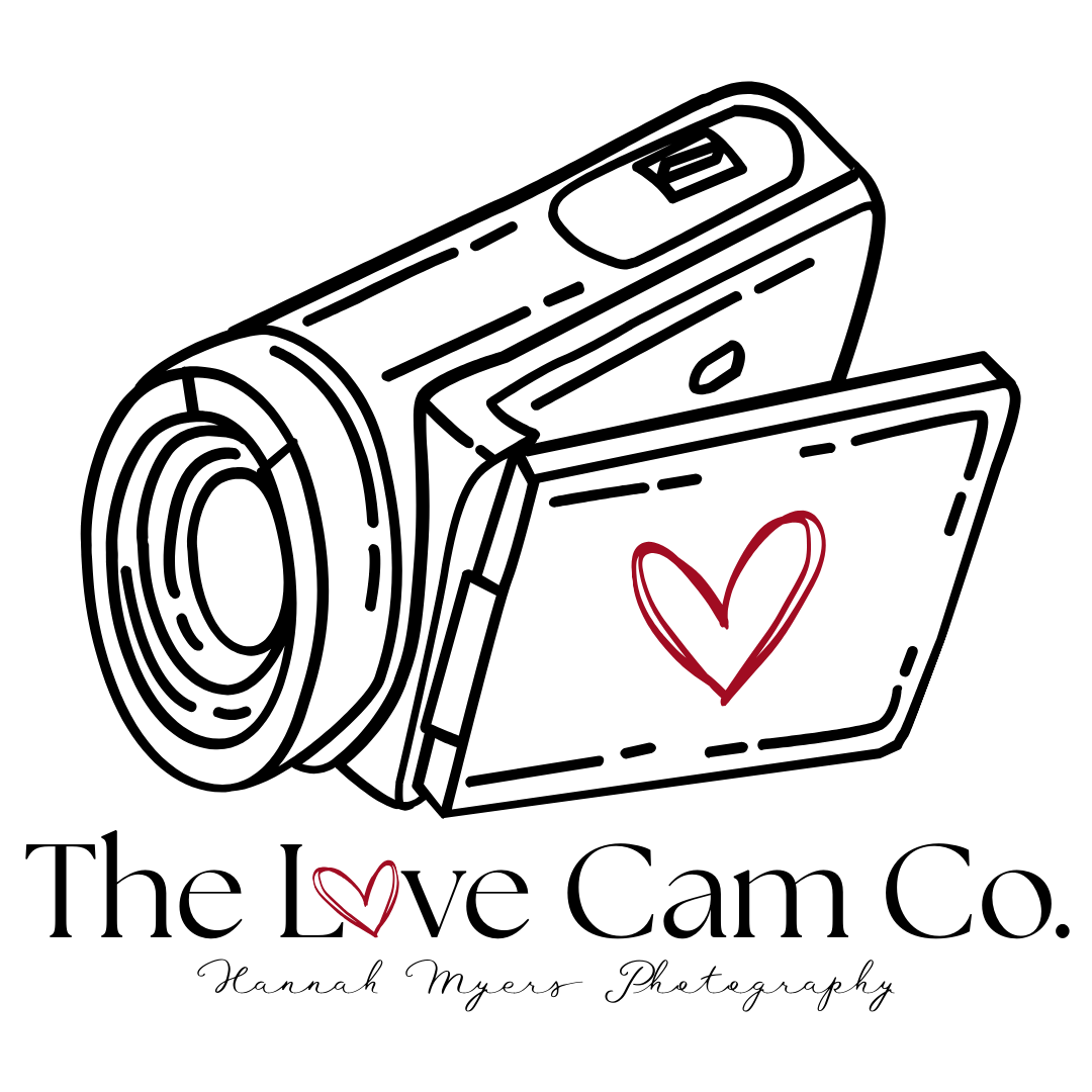 Minimalist black line drawings of camera equipment with heart accents.