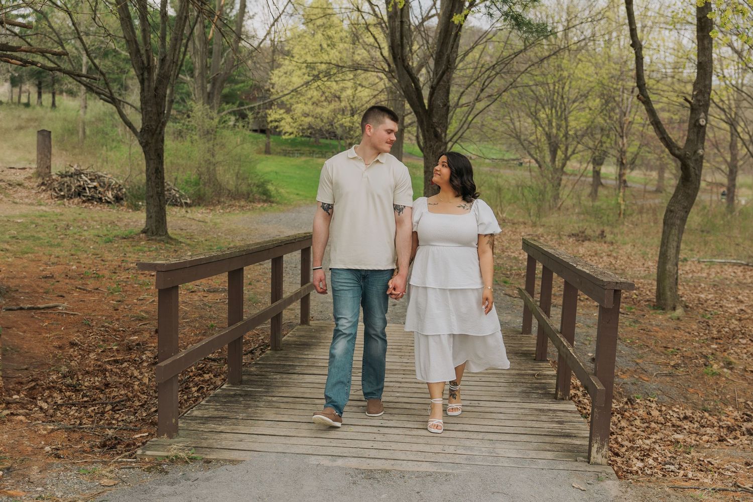 Romantic couple photo sequence walking along a tree-lined path in autumn.