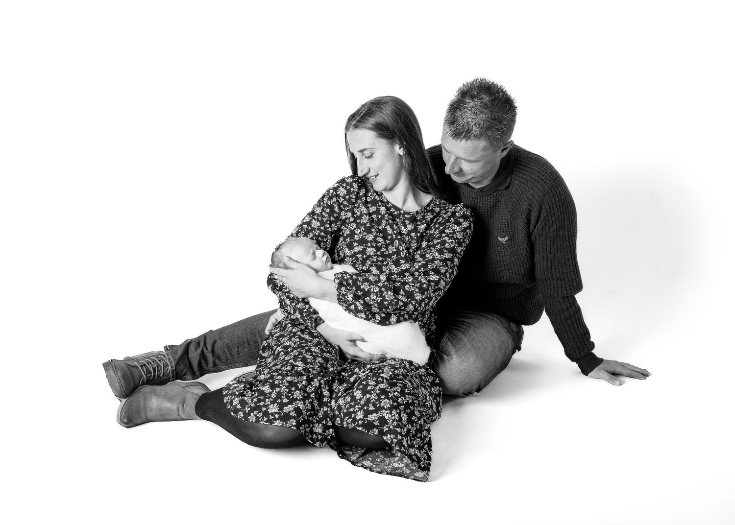 Family portrait series showing intimate moments on white background.
