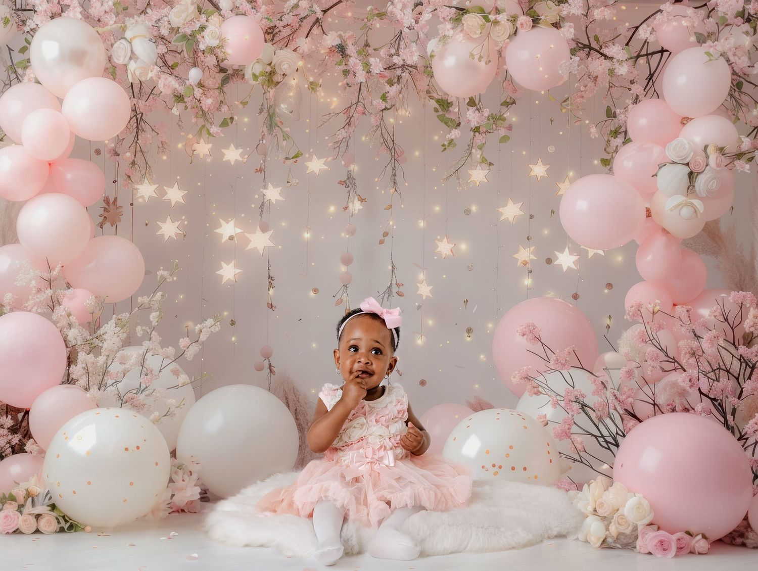 Pink floral backdrop with white balloons and star decorations for party photography.