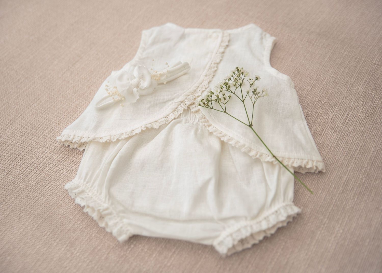 Vintage style lace detail with tiny floral accents on cream colored fabric.