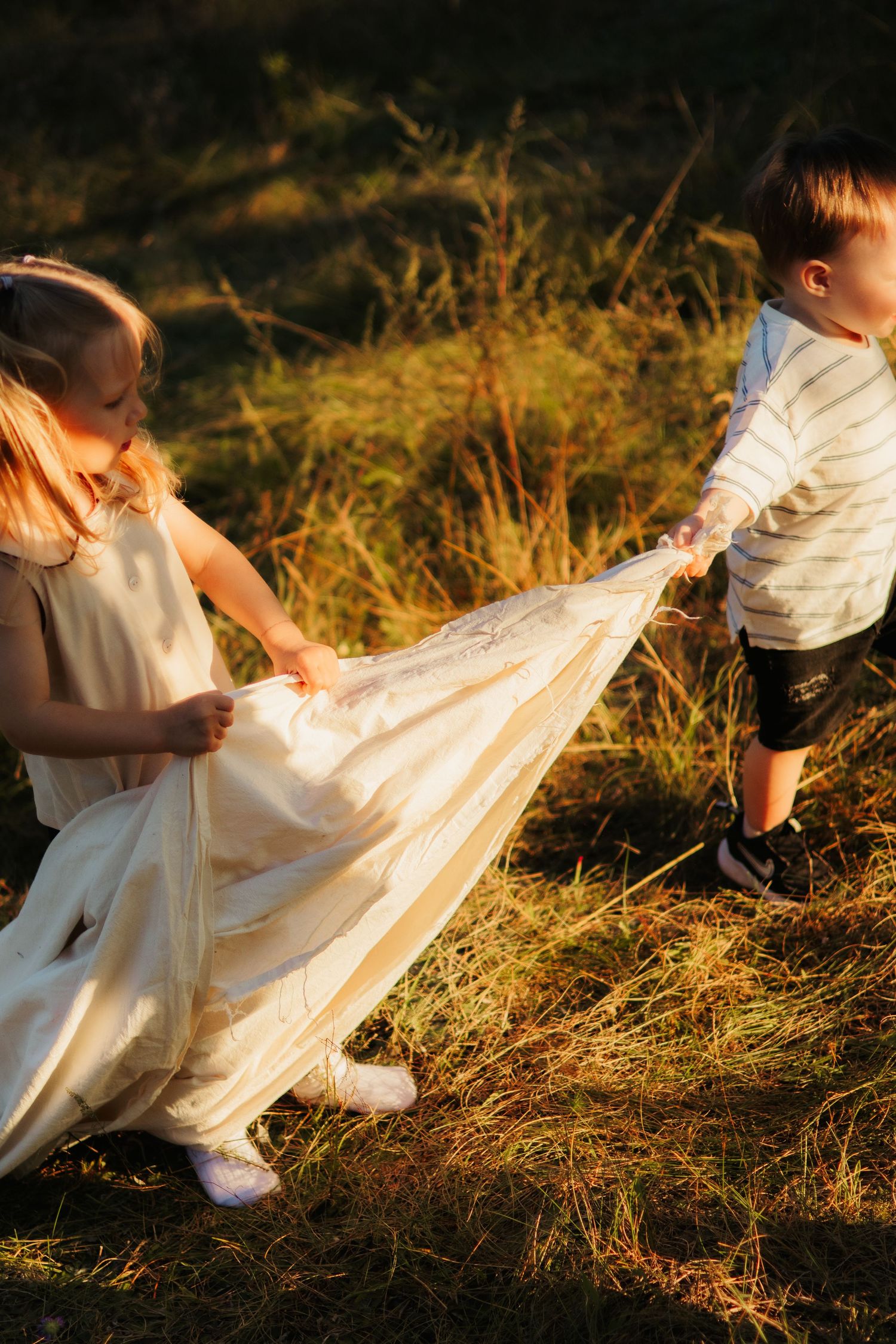 Children in white clothing sit in golden sunlit grass during an outdoor photo session.