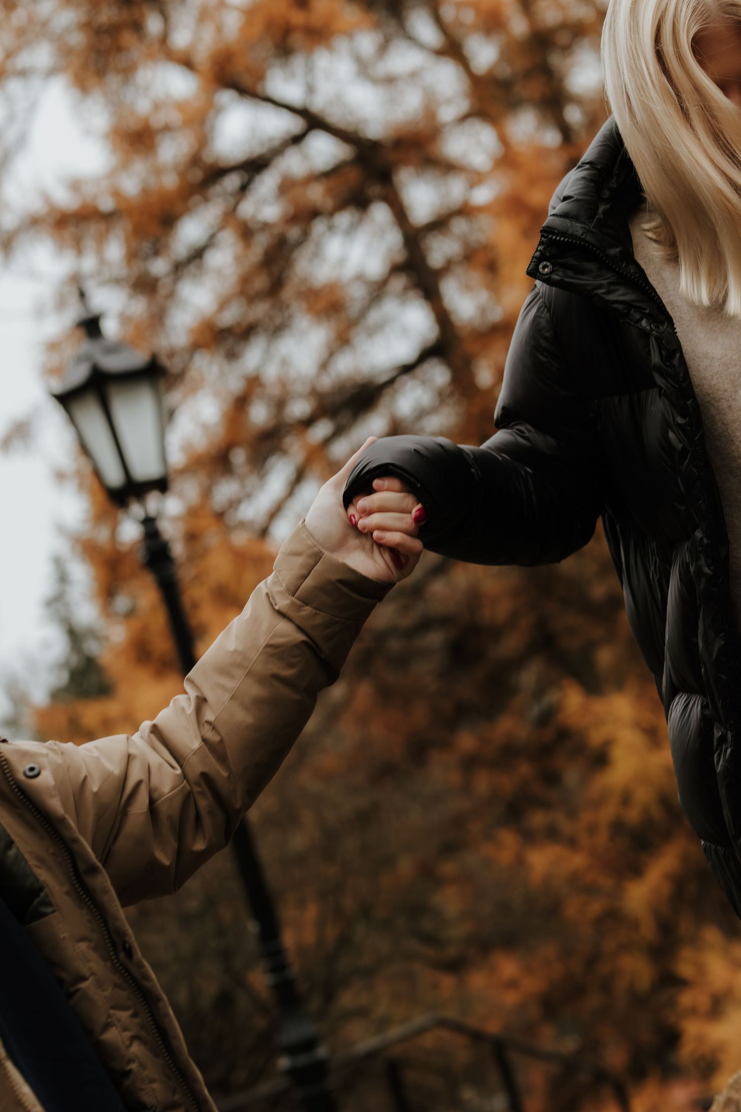 Two people in autumn coats holding hands against a backdrop of golden fall foliage in a romantic outdoor setting.