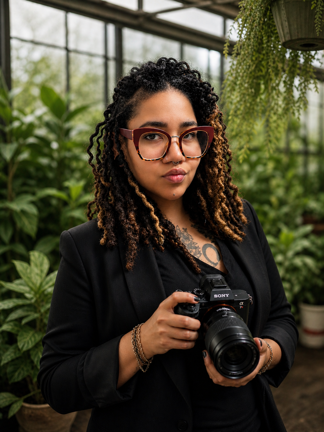 Curly-haired photographer holding Sony camera in lush greenhouse setting.