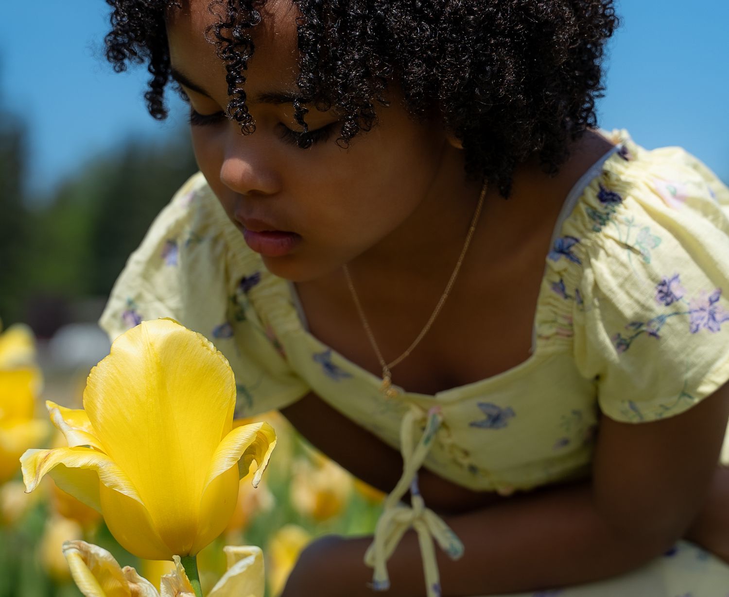 Young woman with curly hair leaning close to smell a yellow tulip in a sunny garden.
