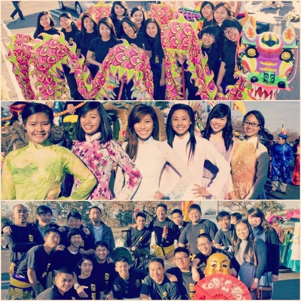 Vietnamese cultural festival collage featuring traditional ao dai dresses, colorful lion dance costumes, and group celebrations.