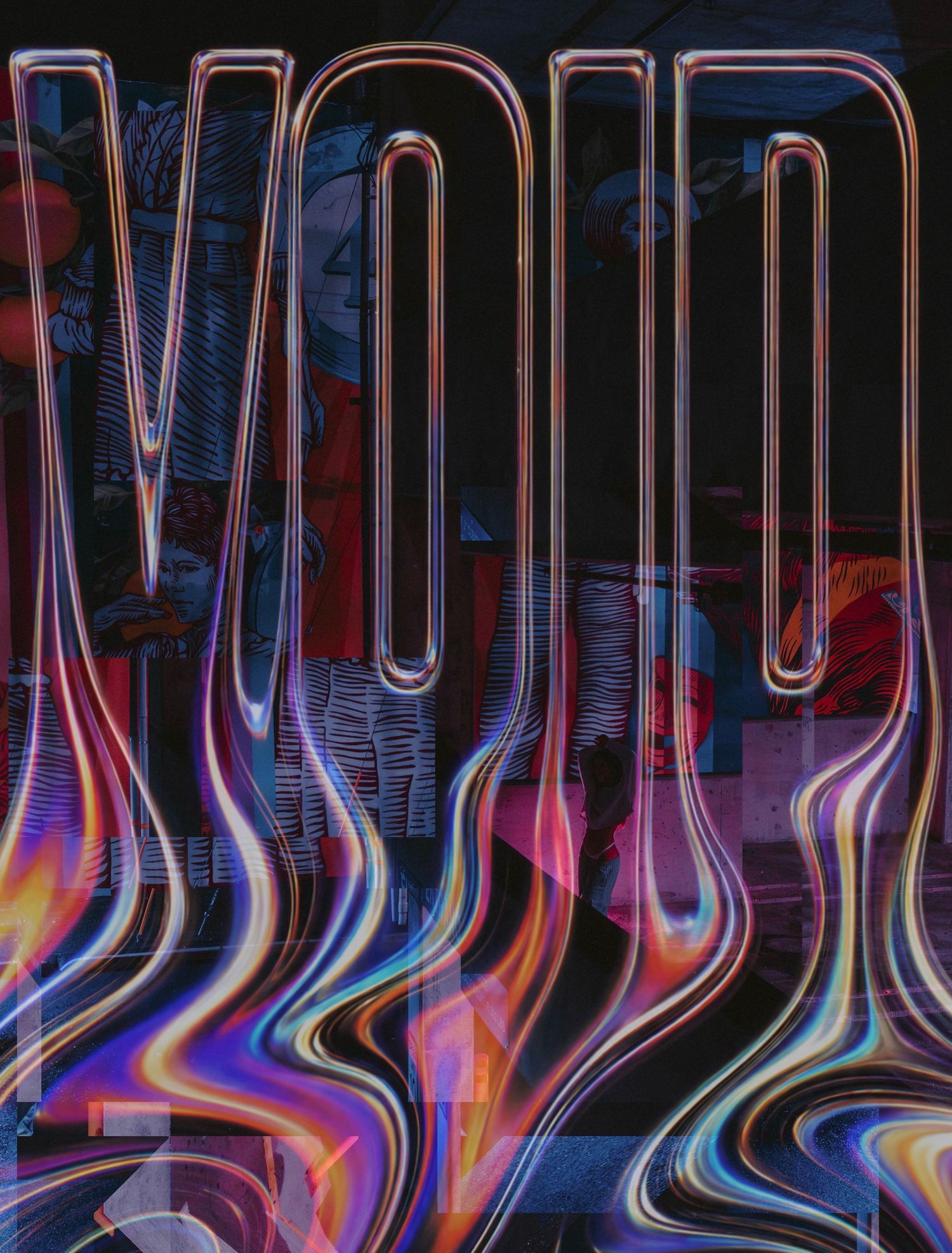 Glowing neon word VOID with liquid chrome dripping effect on dark background, colorful abstract psychedelic art.