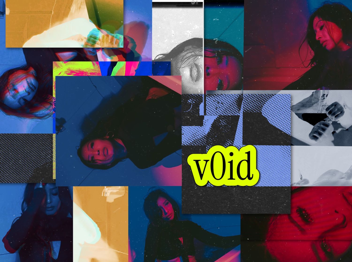 Collage of artistic portraits with blue and red tones, featuring the word v0id in yellow graffiti text.