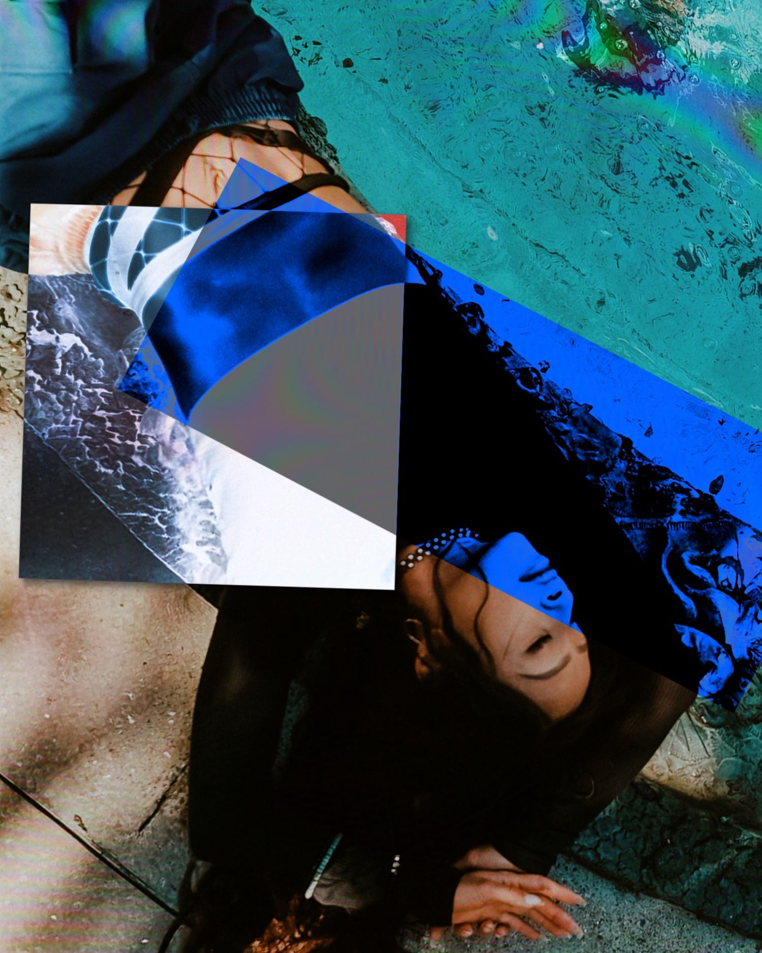 Abstract collage art with inverted figure near pool, overlaid with geometric blue and gray shapes.