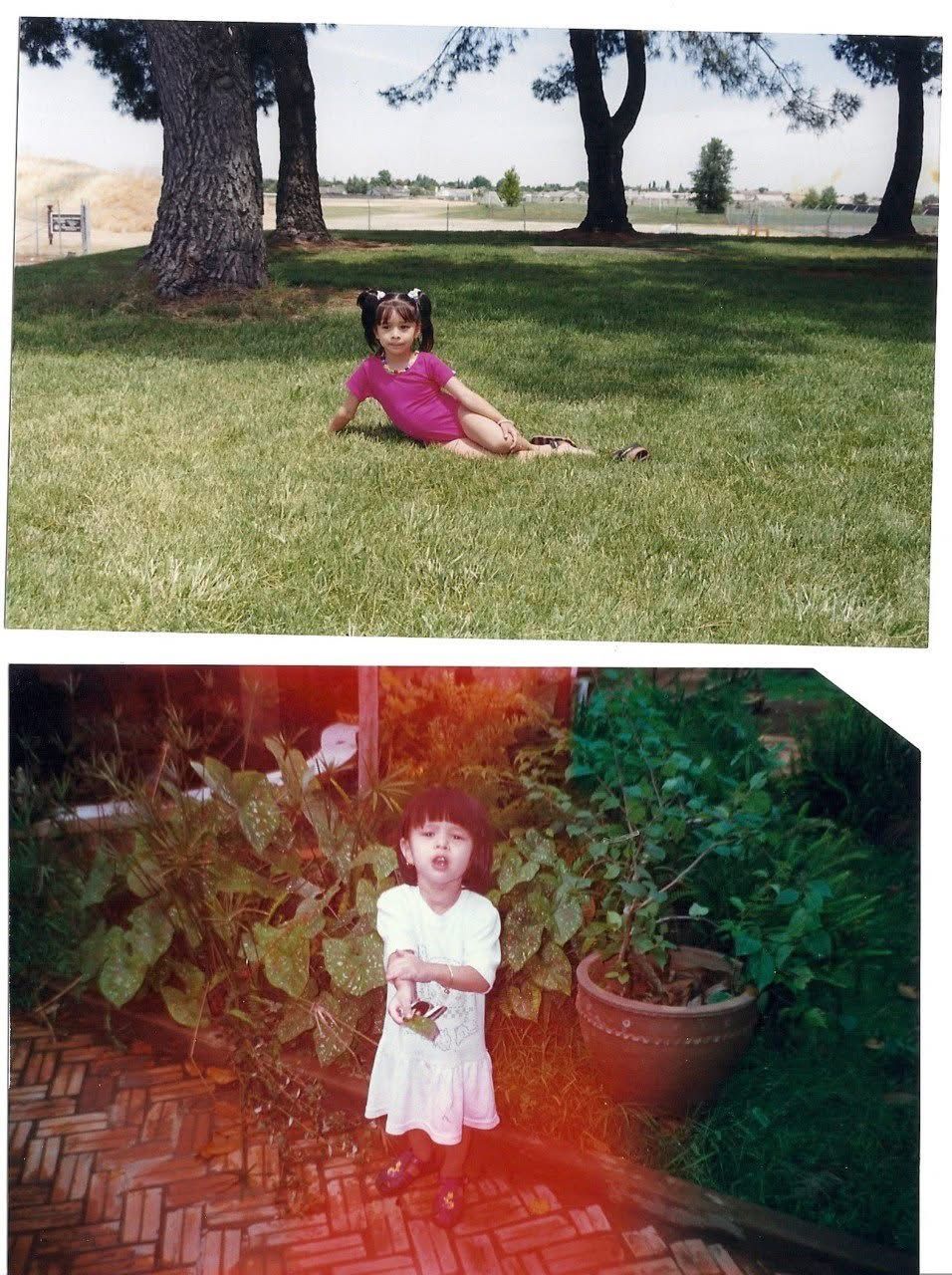 Two vintage photos of a young girl, one sitting on grass under trees, another standing on brick patio near potted plants.