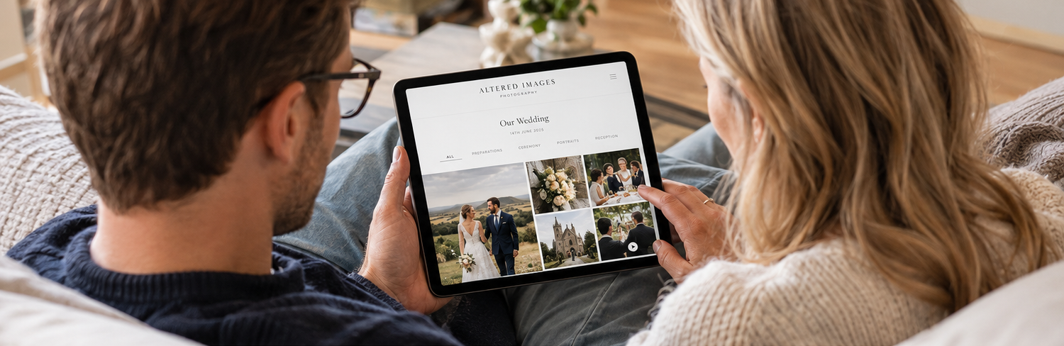 Couple sitting on a couch together browsing a wedding photography website on a tablet device.