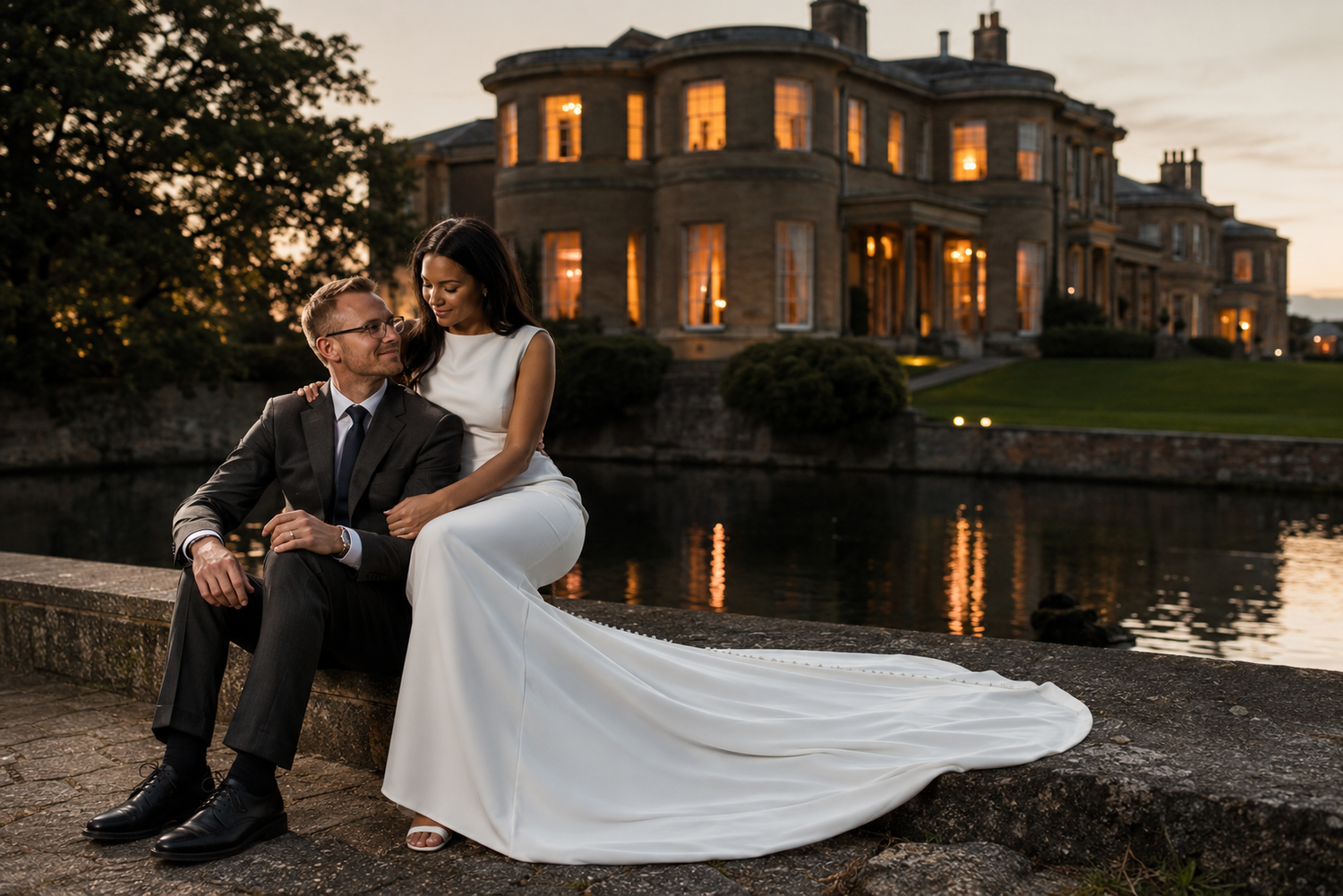 Elegant wedding couple posing at dusk by a lake in front of a grand illuminated manor house.