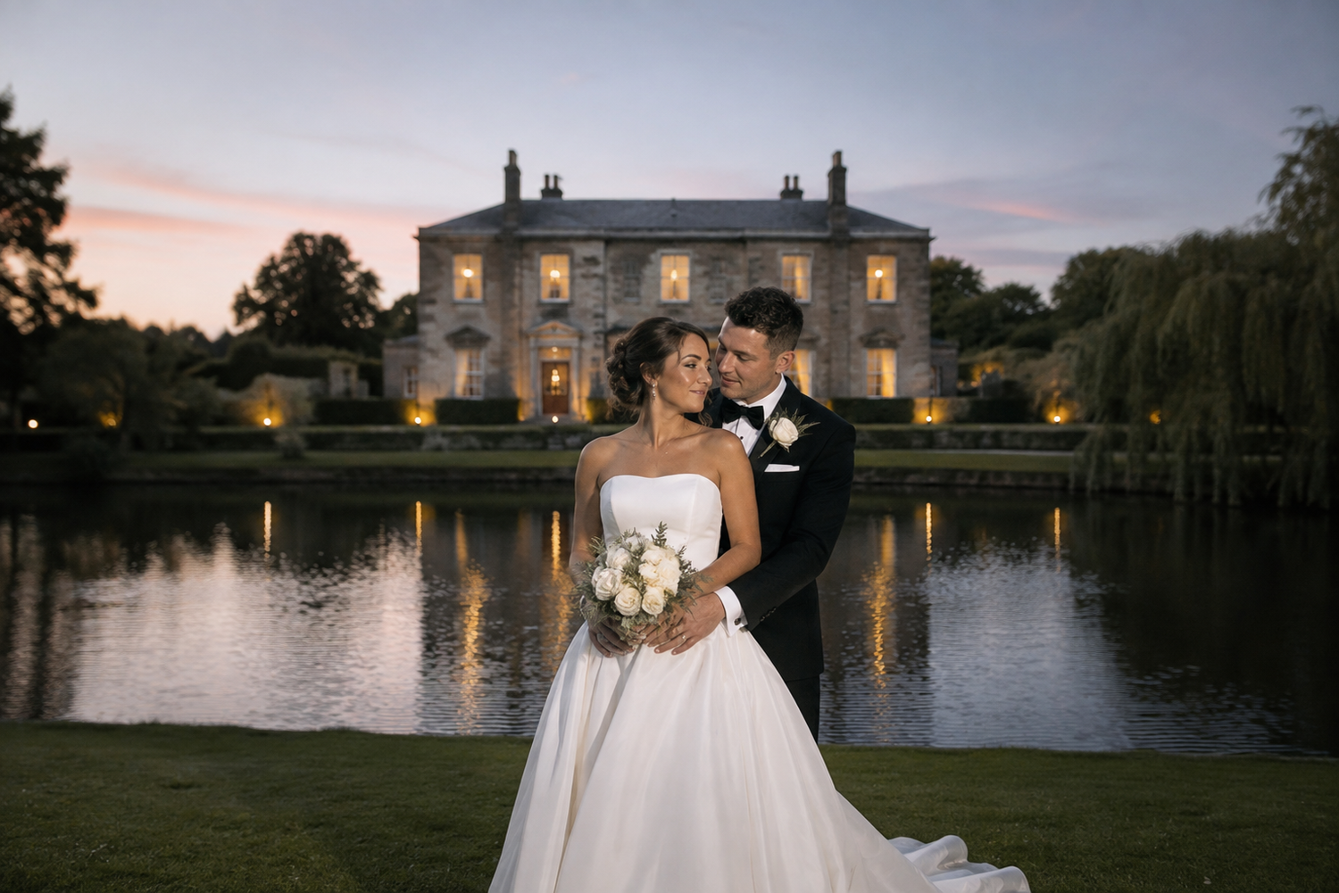 Bride and groom embrace at dusk before a grand estate with a reflective lake at their wedding venue.