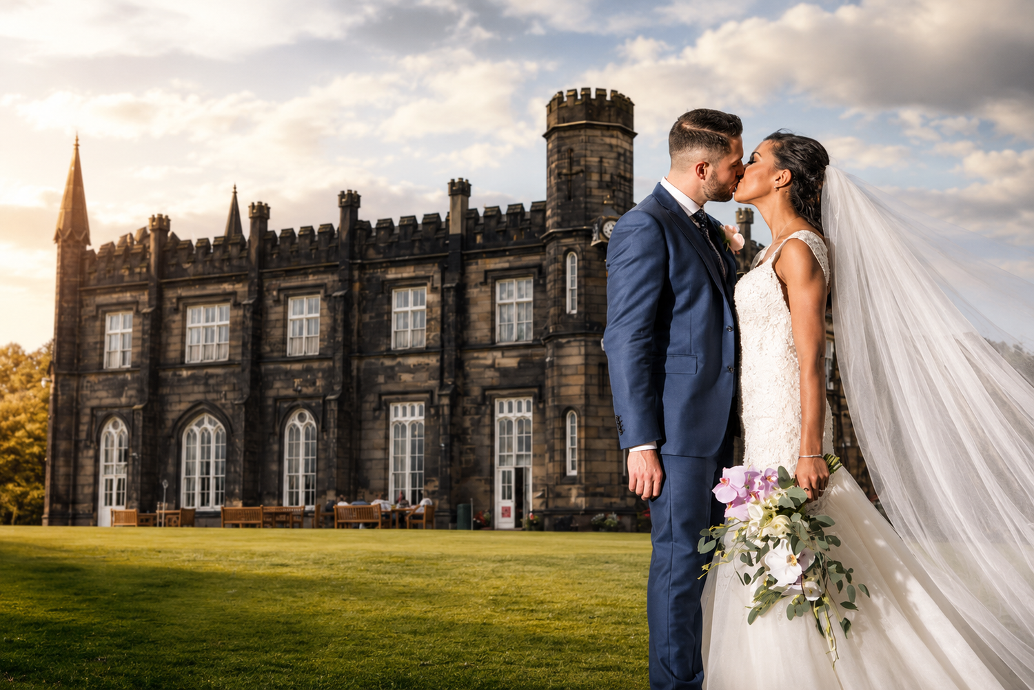 Bride and groom kissing in front of Thrybergh Hall, Rotherham Golf Club, on their wedding day, with dramatic sky backdrop.